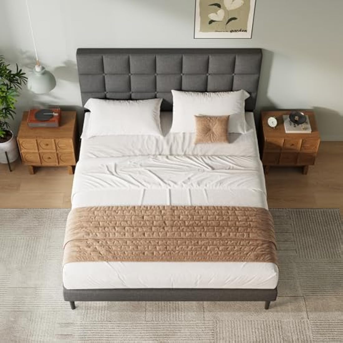 Double Upholstered Platform Bed Frame with Headboard – Gray