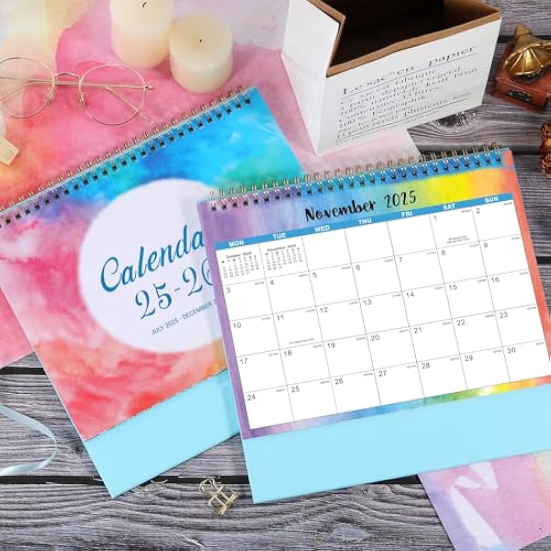 2025-2026 Desk Calendar – 18 Month Rainbow Watercolor Ink