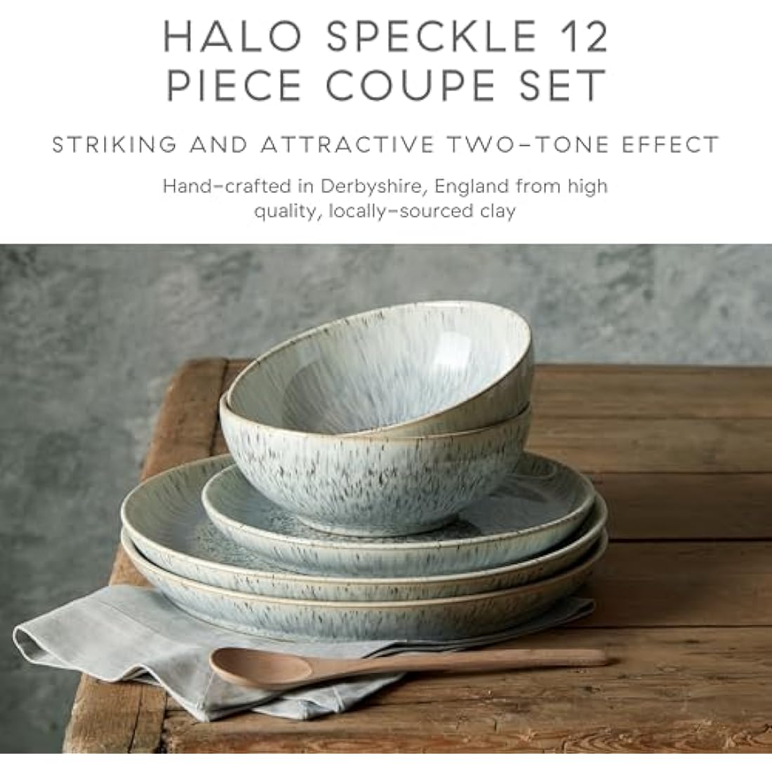 Denby Halo Speckle 12-Piece Stoneware Dinner Set – Grey Ceramic Tableware