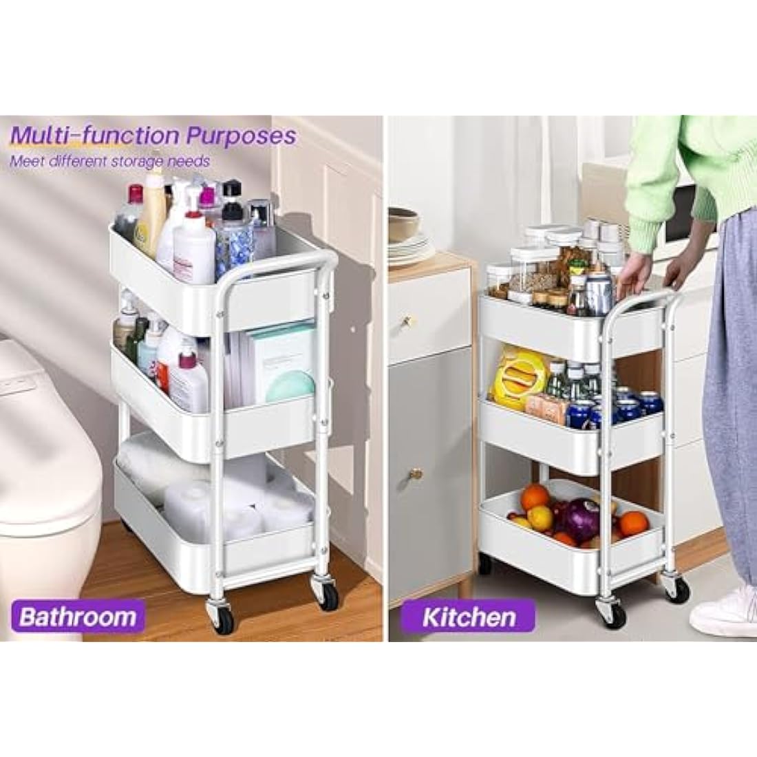 MISSLO 3-Tier Metal Utility Rolling Cart – Under Desk Storage Trolley, White