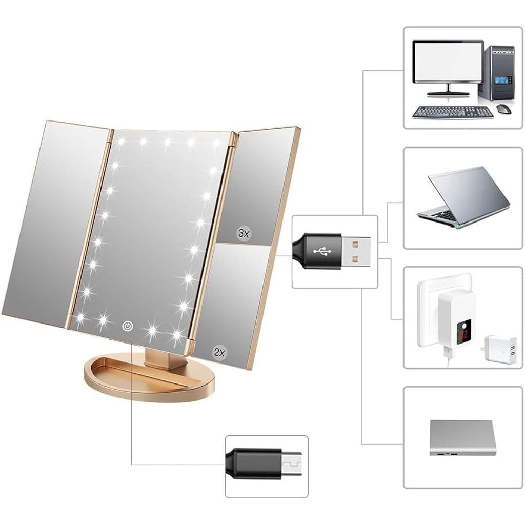 WEILY Tri-Fold LED Makeup Mirror | 2X/3X Magnifying Vanity Mirror - Gold
