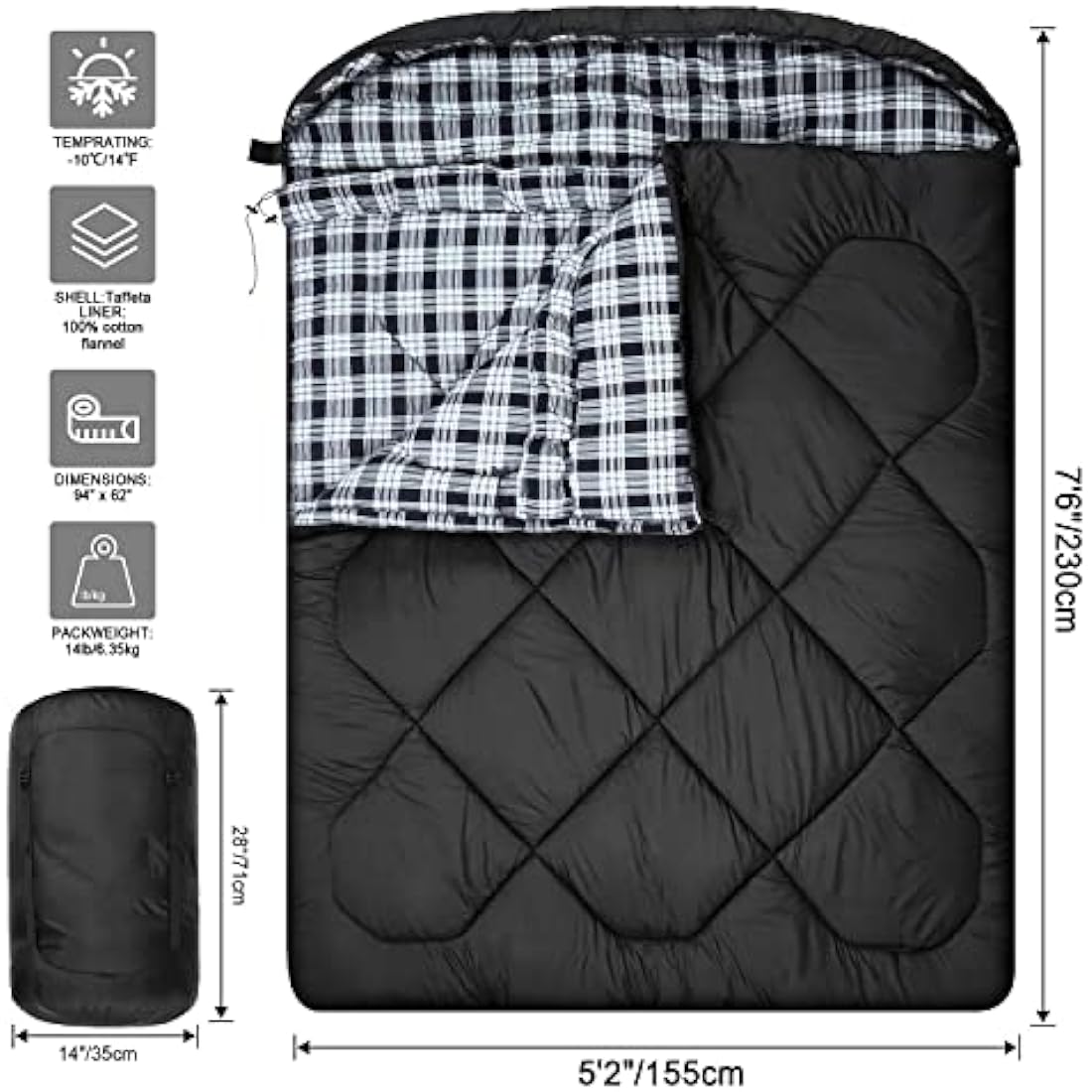 Jolof Store Double Sleeping Bag | 0 Degree Winter Queen Size Cotton Flannel