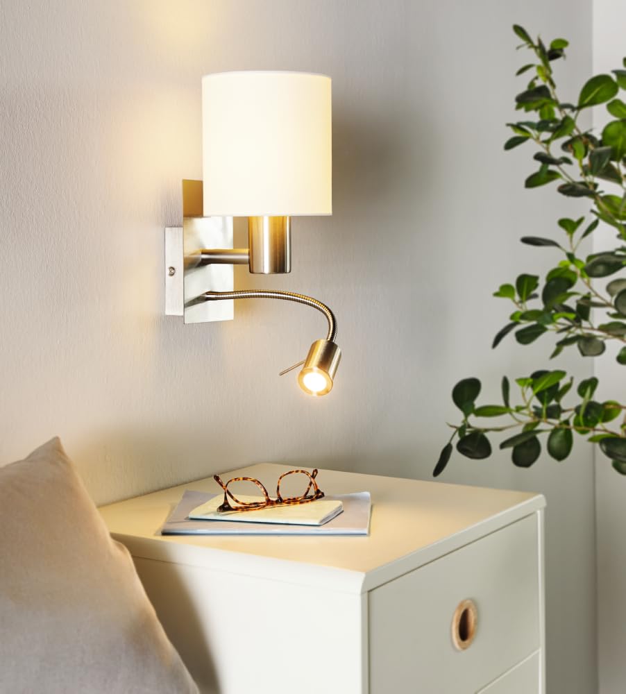 Eglo Pasteri LED Wall Light – White Fabric Shade & Flexible Reading Lamp