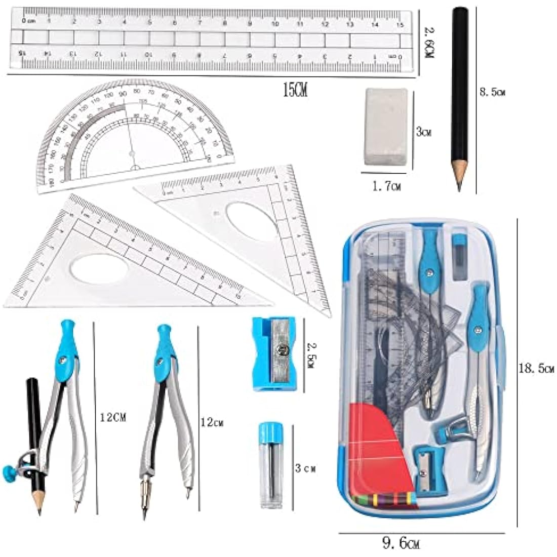 MHwan 10-Piece Maths Geometry Set with Metal Compass and Case - Blue