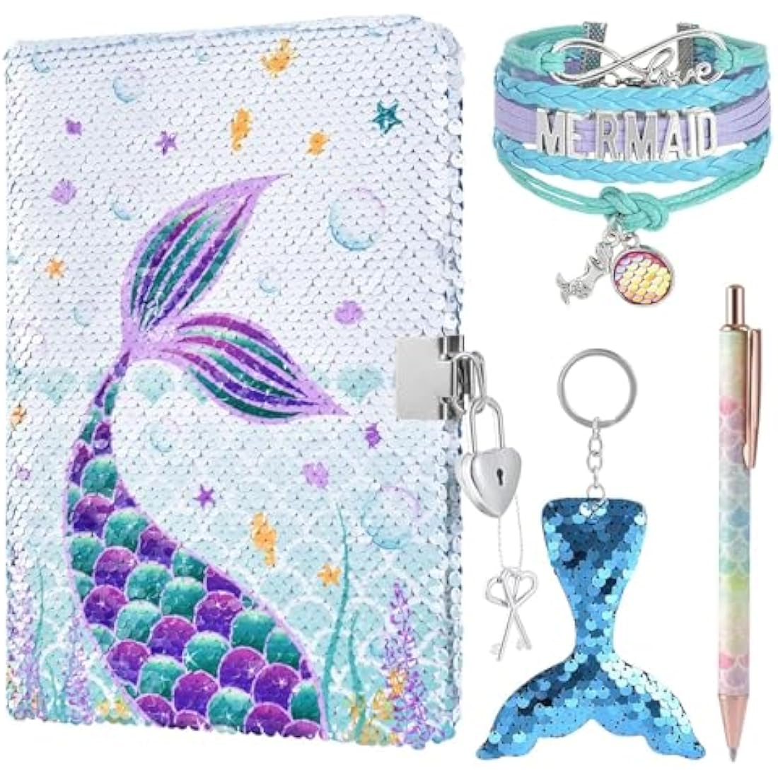 WERNNSAI Mermaid Sequin Secret Diary with Lock - Girls A5 Journal Gift Set