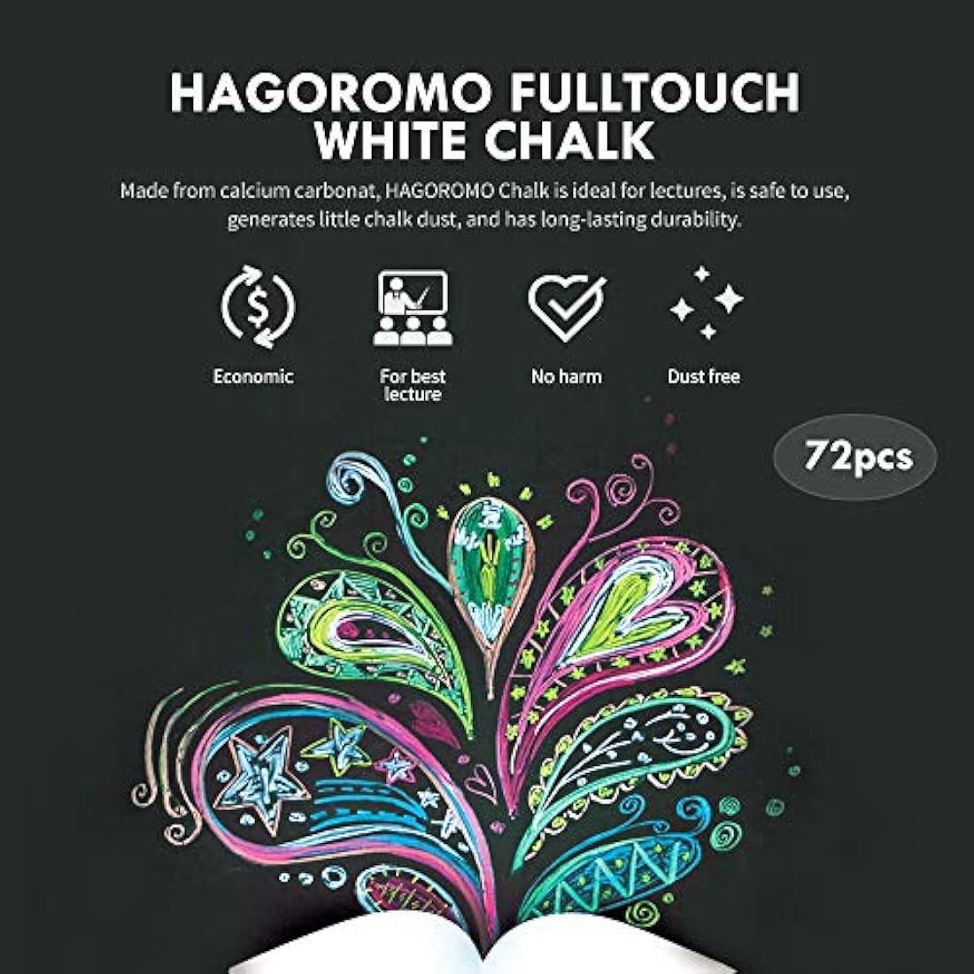 Hagoromo Fulltouch White Dustless Chalk | Non-Toxic - 72 Piece Box