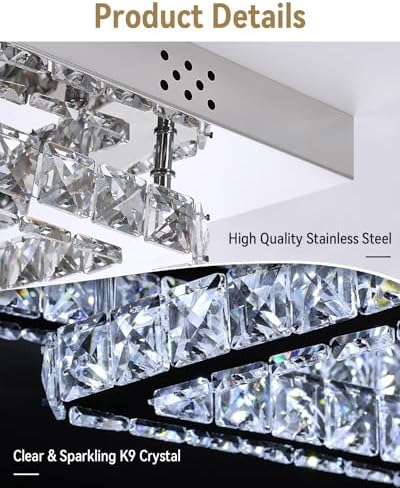 XEMQENER 84W Modern Square LED Crystal Chandelier - 60cm Flush Mount Light