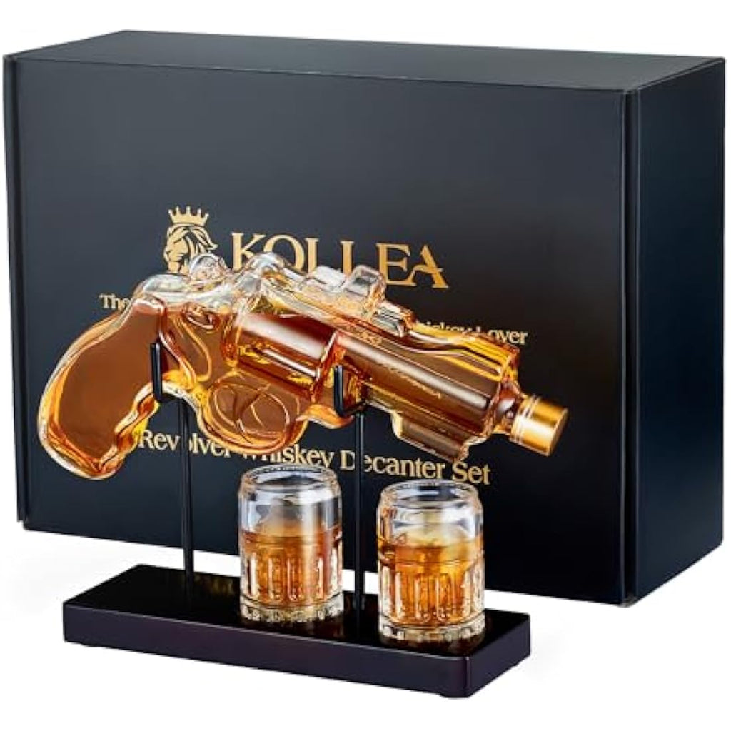 Kollea Gun Whiskey Decanter Set - 9oz Glass Revolver with 2 Shot Glasses