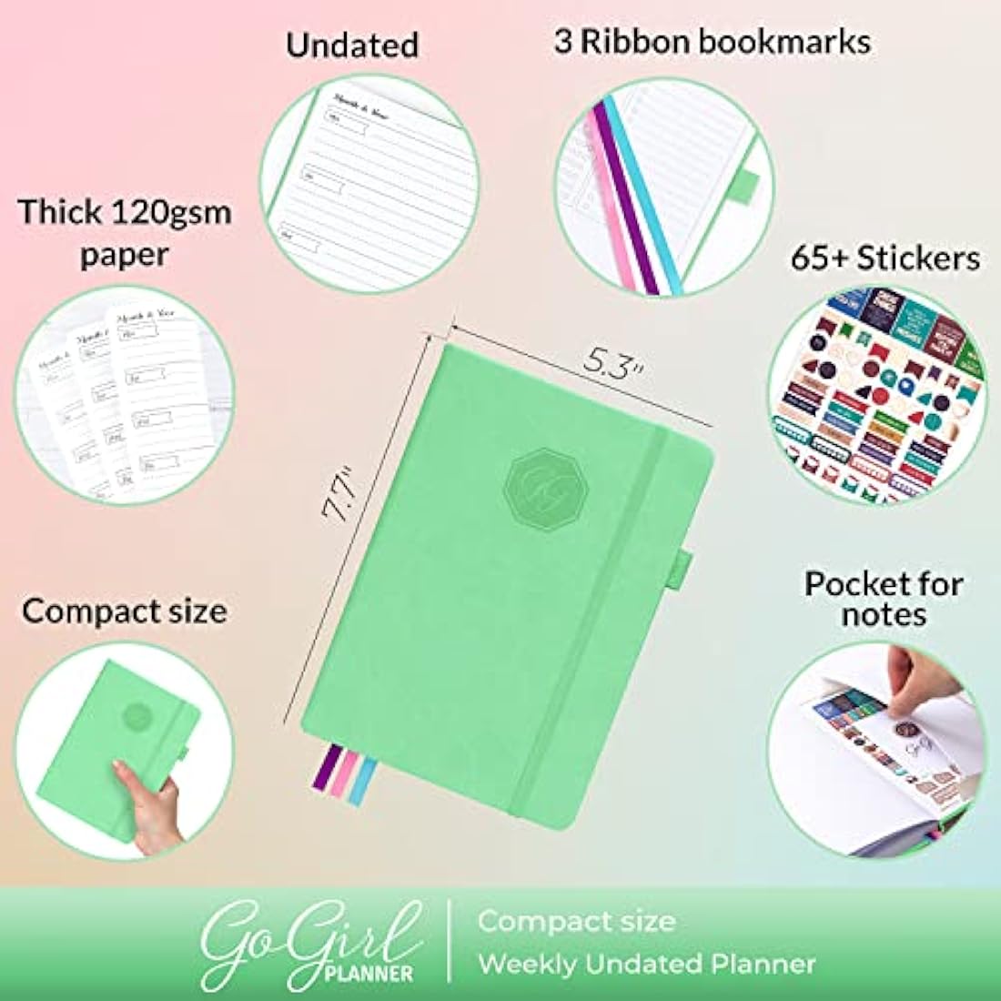 GoGirl Undated Weekly Planner – Compact Goal Journal & Organizer, Mint Green
