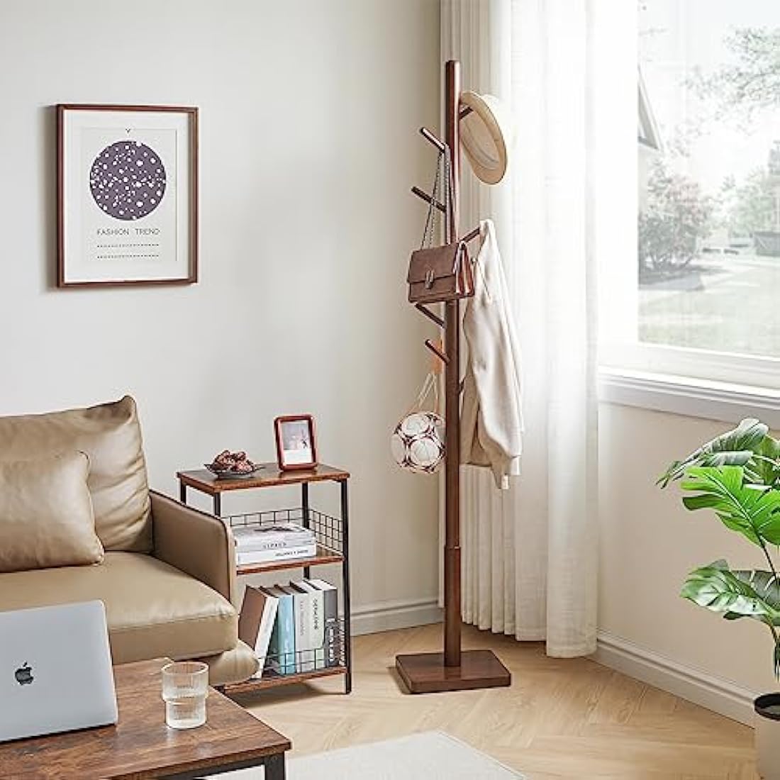 YMYNY Wooden Coat Rack Stand – 8 Hooks Height Adjustable Hall Tree