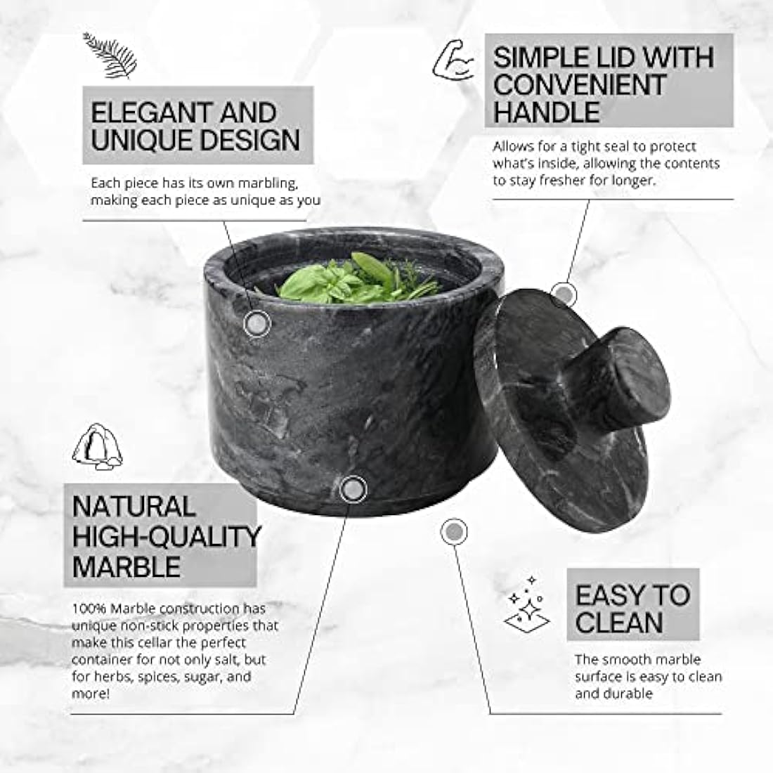 Flexzion Marble Salt Cellar with Lid – Set of 2 Black & White Bowls