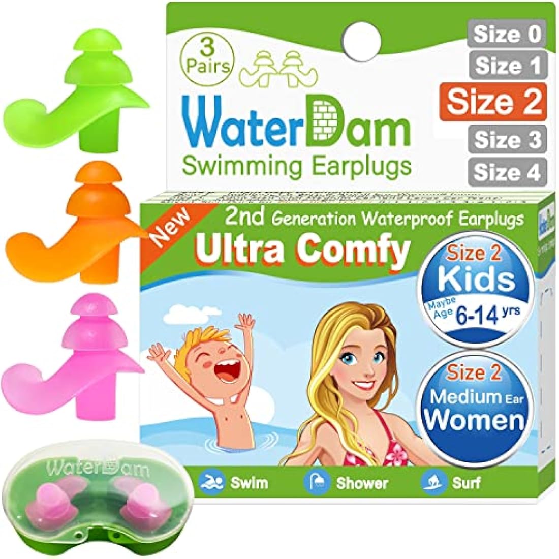 WaterDam Swimming Earplugs | Waterproof Reusable Silicone - 3 Pairs