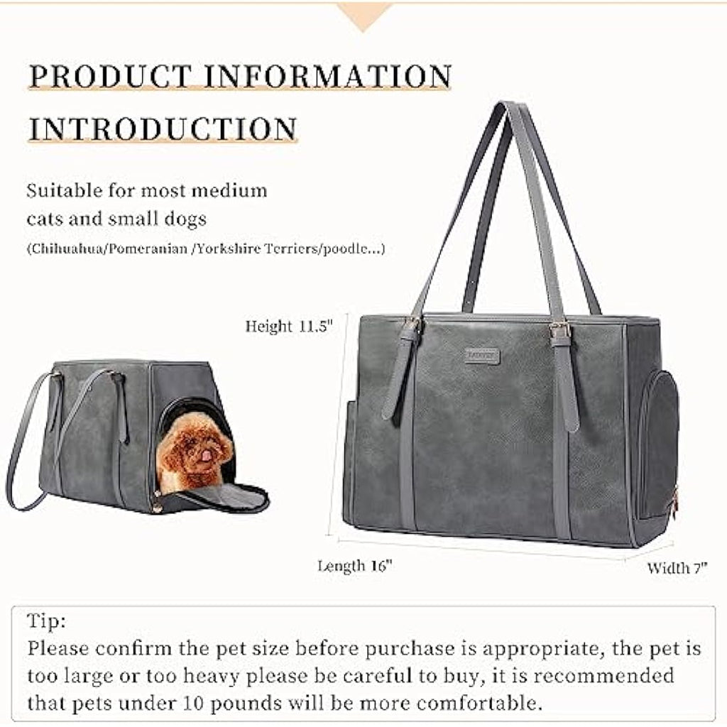 Lasaviin Vegan Leather Pet Carrier Dog Purse - Airline Approved, Grey