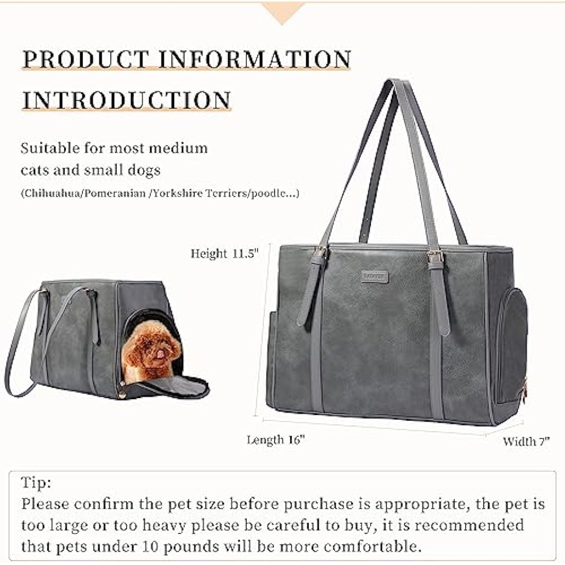 Lasaviin Vegan Leather Pet Carrier Dog Purse - Airline Approved, Grey