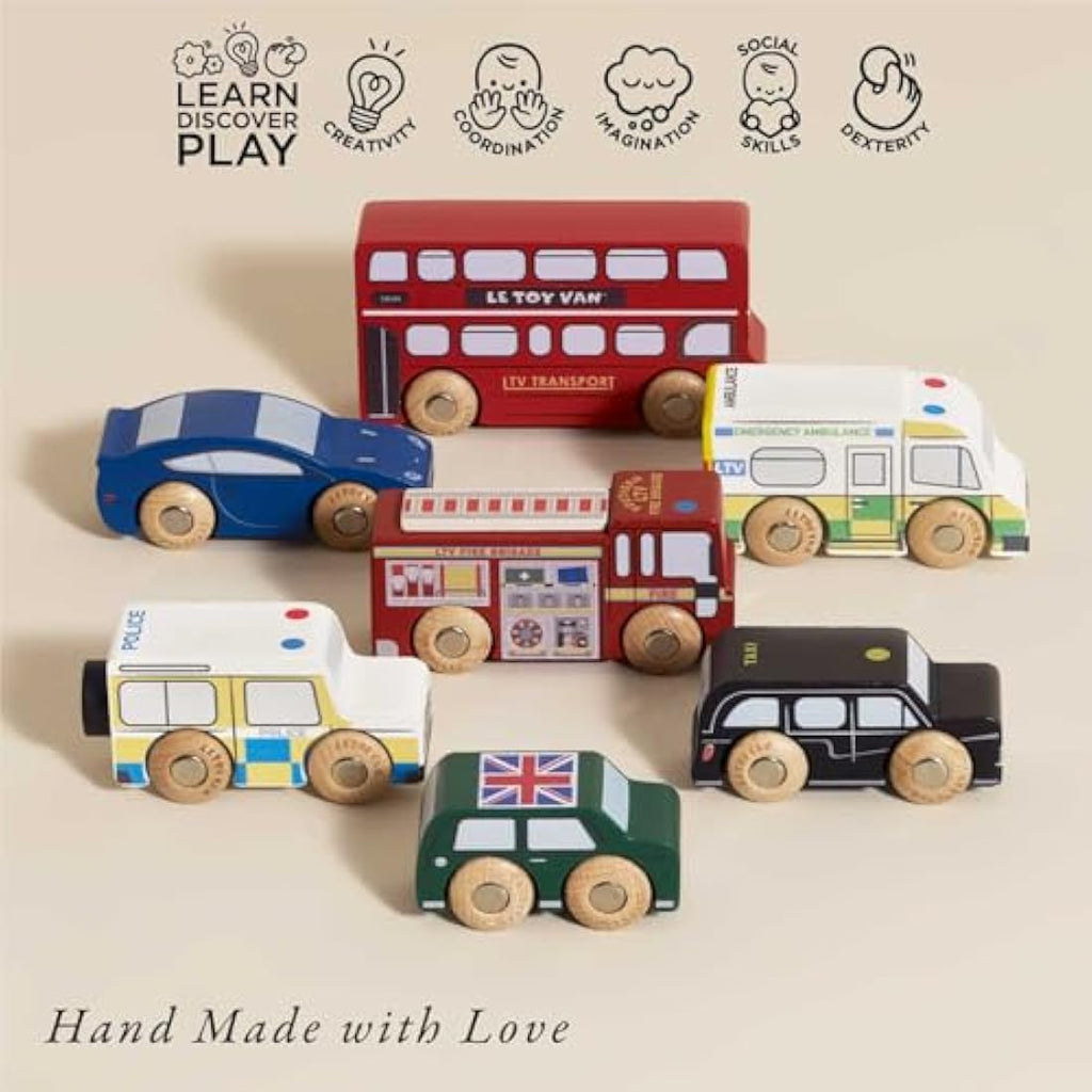 Le Toy Van London Wooden Toy Car Set – 7 Piece Iconic Vehicle Play Set
