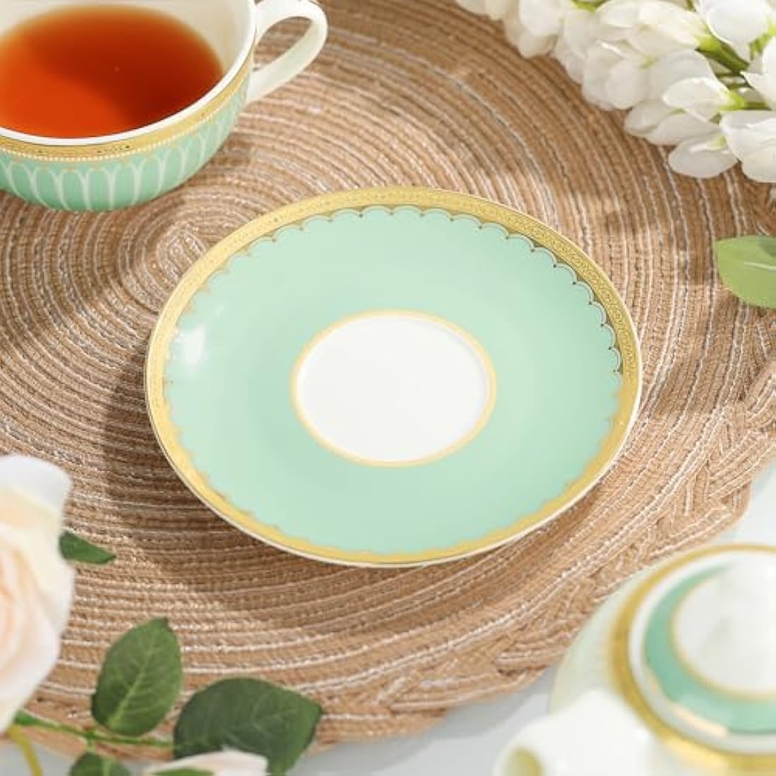 fanquare Porcelain Tea for One Set | Green Striped Teapot and Cup