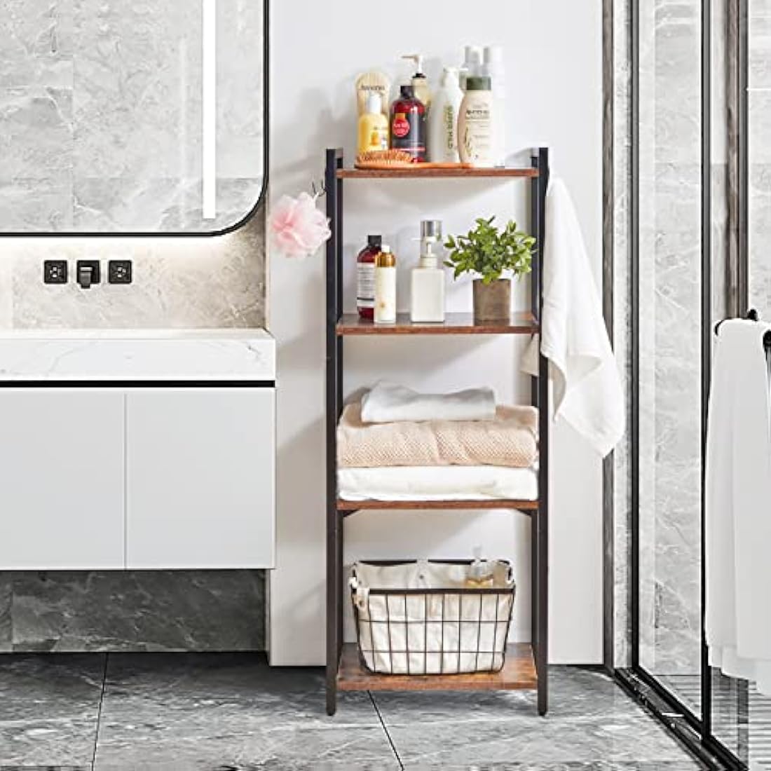 YMYNY 4-Tier Industrial Bookcase – Rustic Brown Storage Rack