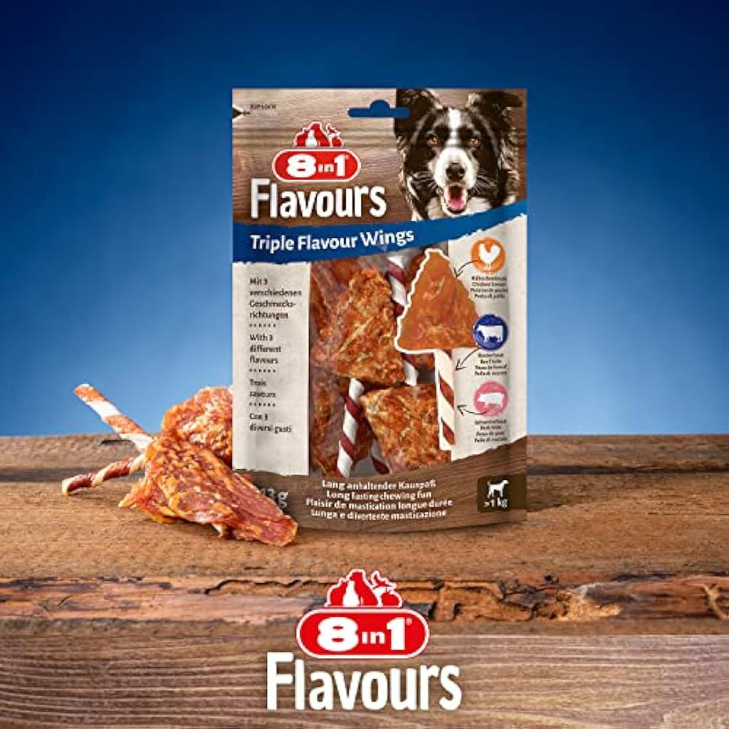 8in1 Triple Flavour Wings Dog Chew Sticks – Meaty Chicken & Beef, 113g