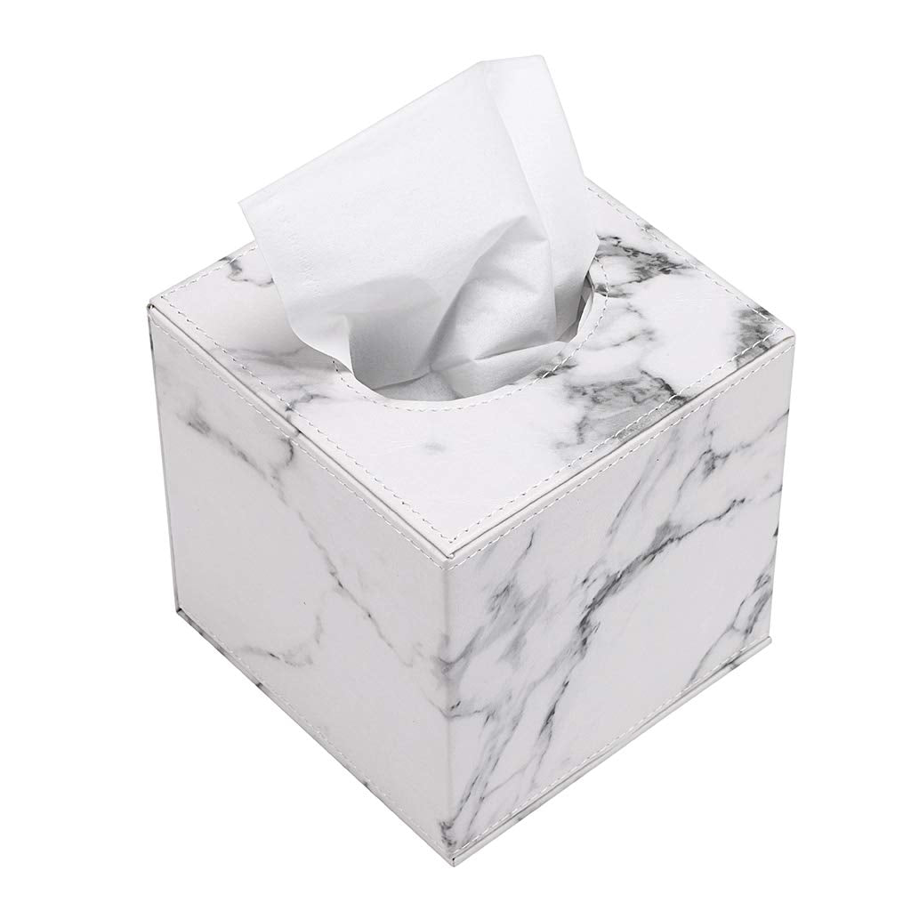 White Marble PU Leather Cube Tissue Box Cover Holder