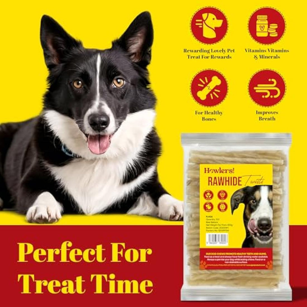 Howlers Natural Rawhide Dog Chew Twists – 12.5cm Dental Sticks (100 Pack)