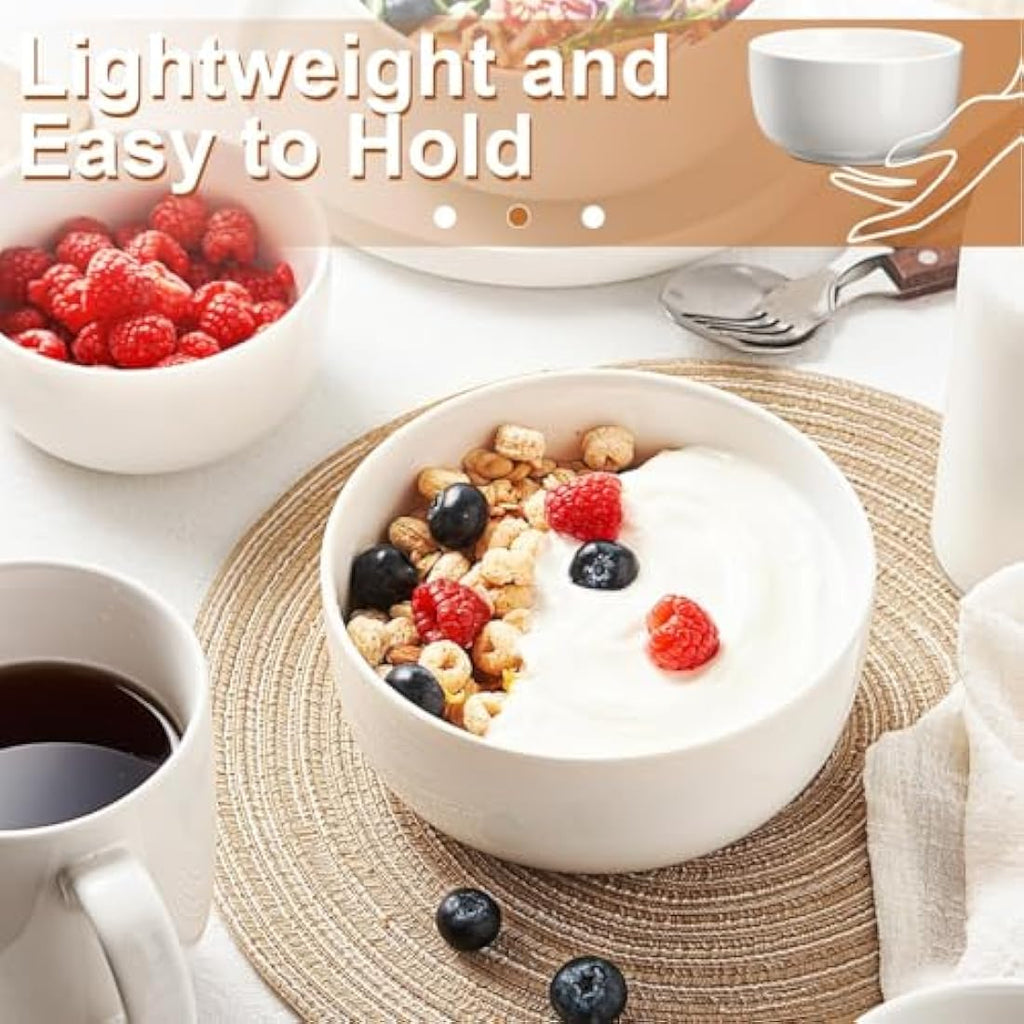 Jassceram 6-Inch Ceramic Cereal Bowls - 28oz White Porcelain Set of 6