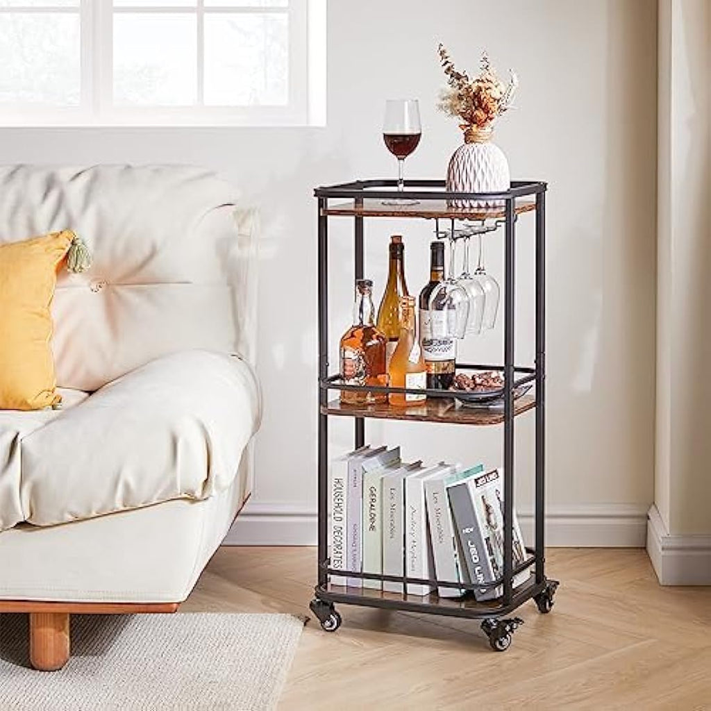 IBUYKE 3-Tier Rolling Bar Cart – Rustic Brown Kitchen Serving Trolley
