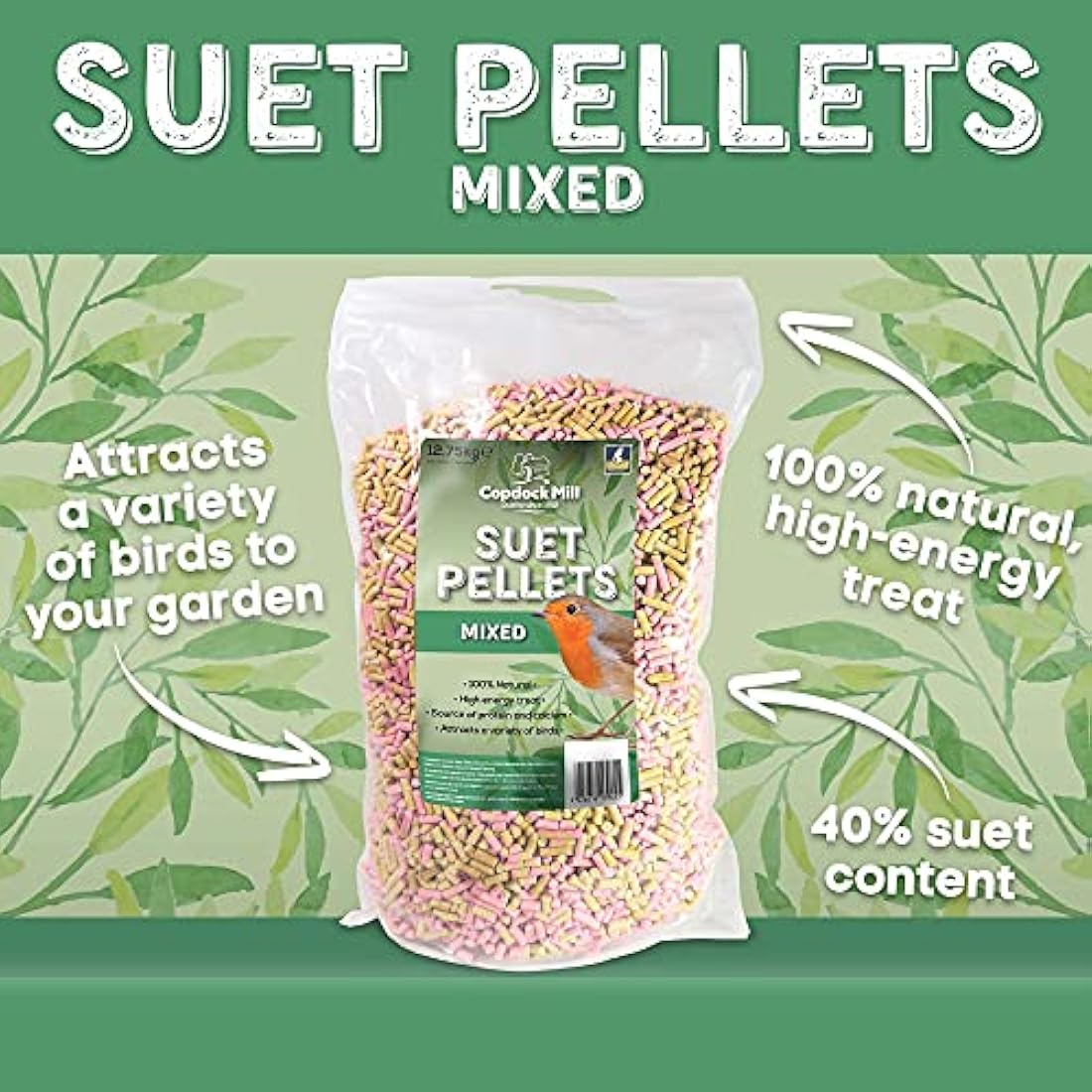 Copdock Mill Mixed Suet Pellets Wild Bird Food – 40% Fat Content – 12.75kg