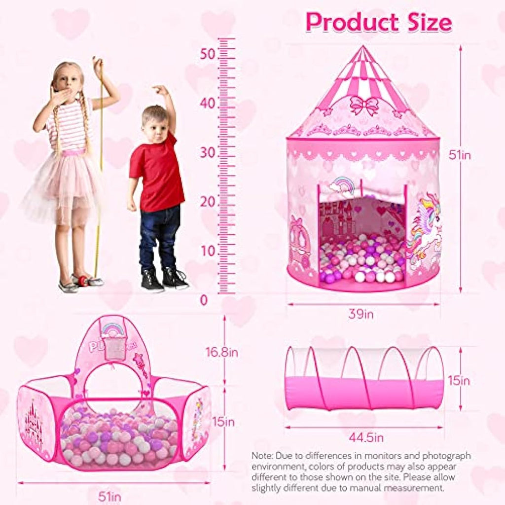 SENODEER 3-in-1 Princess Tent with Ball Pit and Crawl Tunnel for Girls