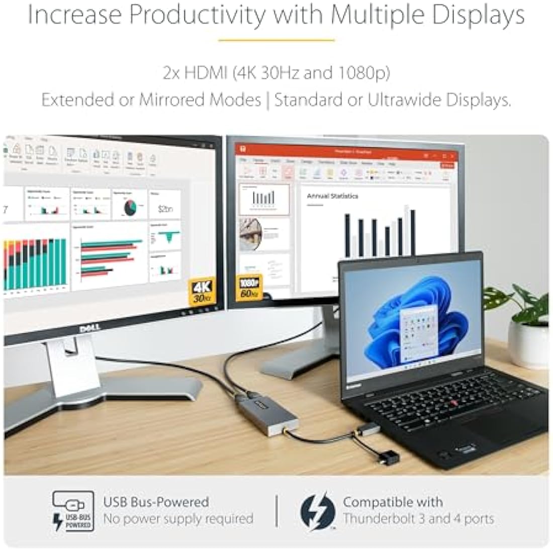 StarTech USB-C to Dual HDMI Adapter - 4K 30Hz & 1080p for Windows & Mac