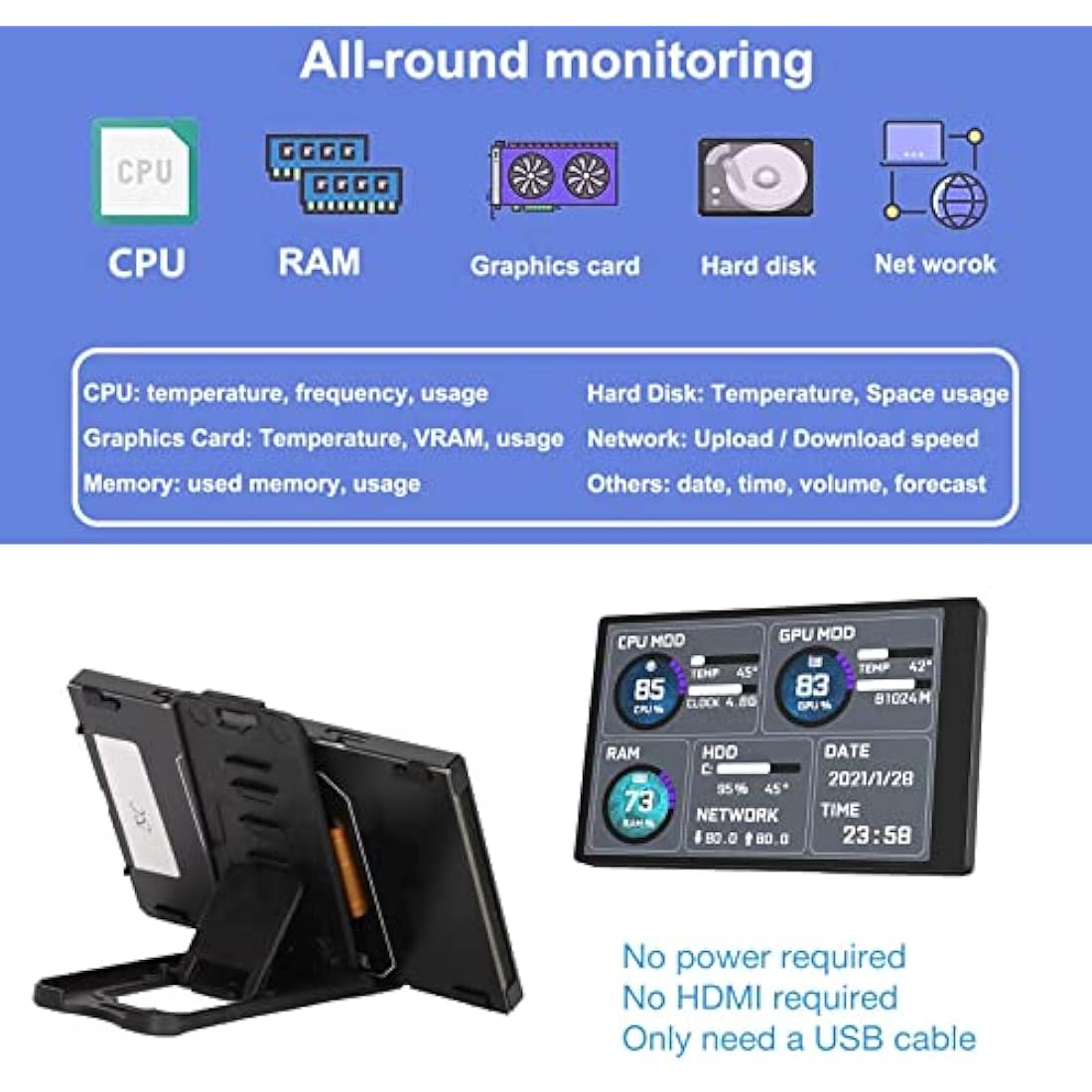 Jolof Store 5in IPS PC Sensor Panel – AIDA64 USB CPU RAM Data Monitor