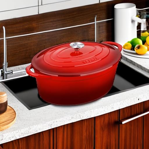 Velaze Enameled Cast Iron Dutch Oven - 7.5L Oval Casserole Dish, Red