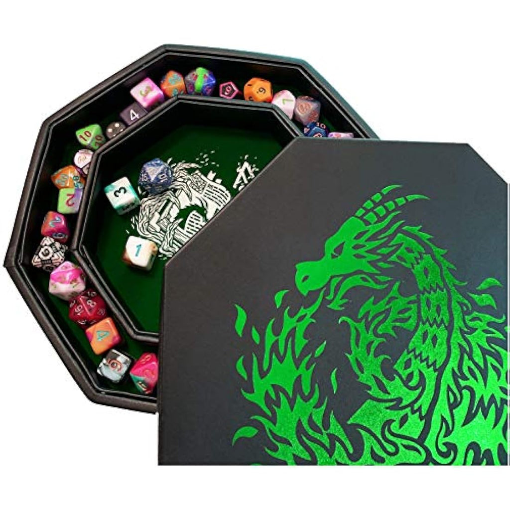 Fantasydice Green Fire Dragon Octagon Dice Tray with Lid and Staging Area