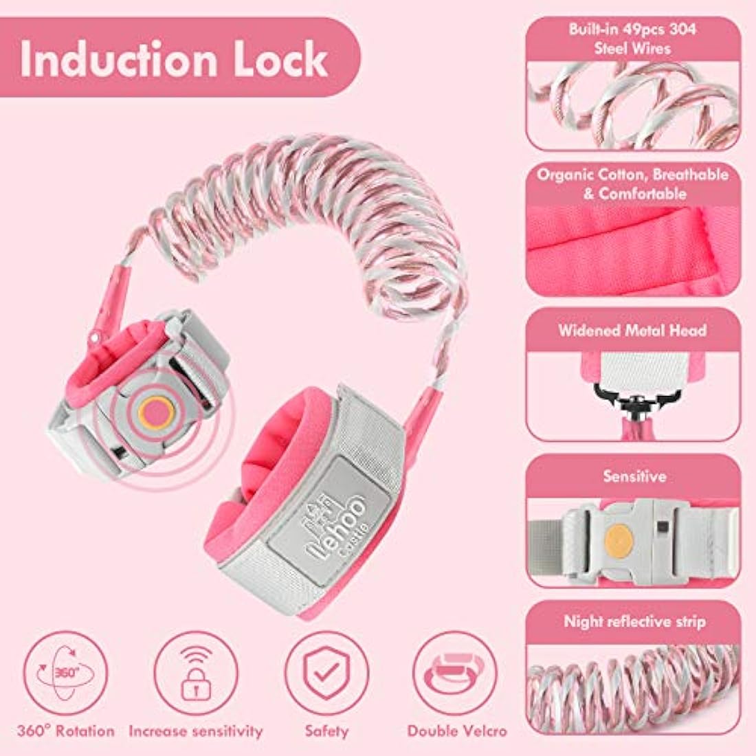 Lehoo Castle Toddler Safety Reins | Anti Lost Wrist Link with Lock - Pink