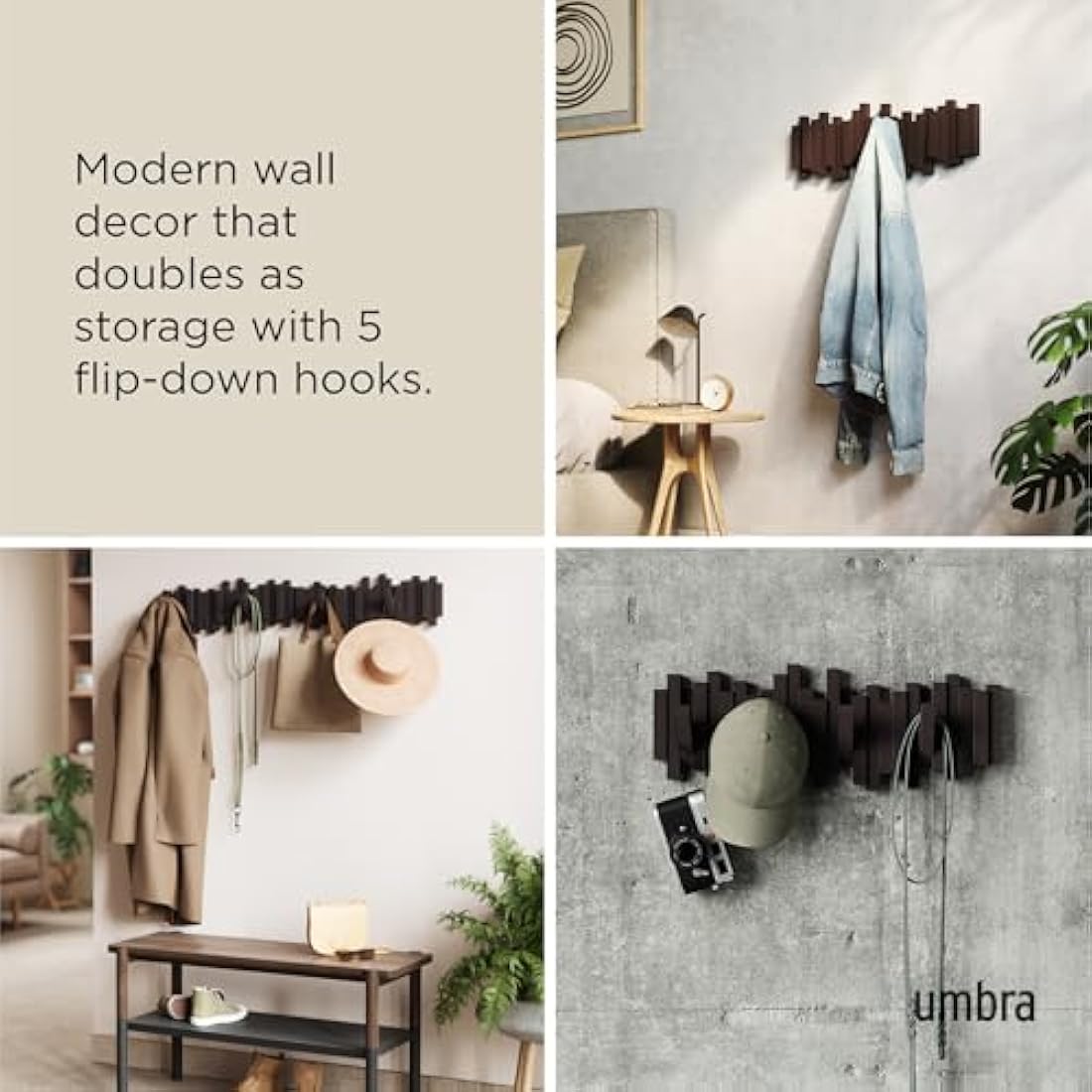 Umbra Sticks Multi Hook Wall Coat Rack – 5 Flip-Down Hooks, Espresso