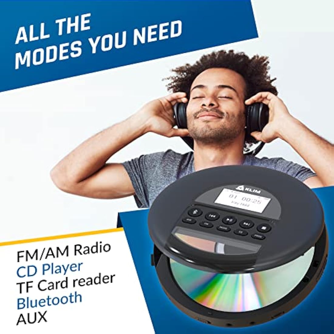 KLIM Nomad Portable CD Player | Bluetooth Rechargeable Discman – Black