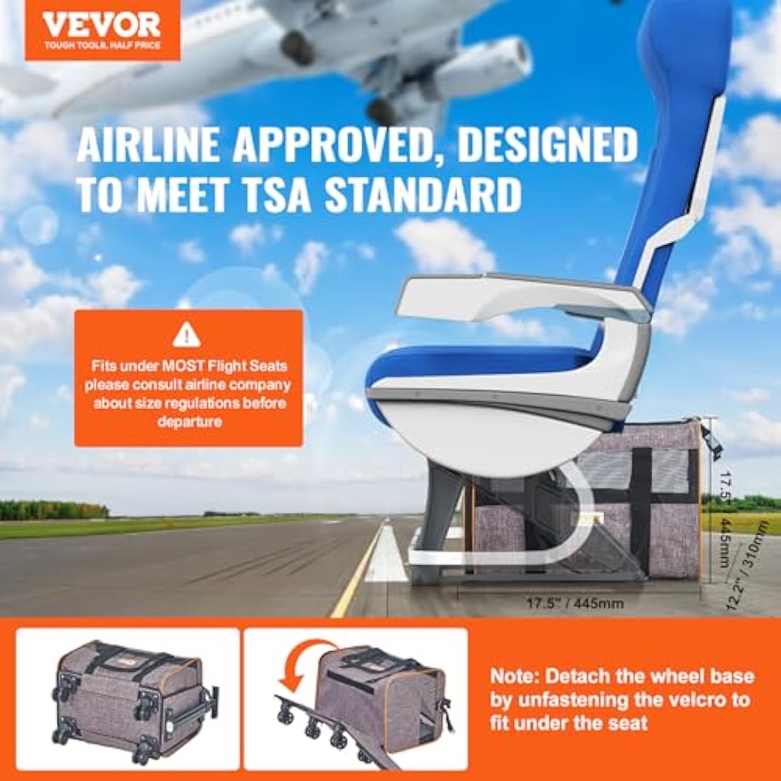 VEVOR Rolling Cat Carrier - Airline Approved Wheeled Pet Bag, Grey