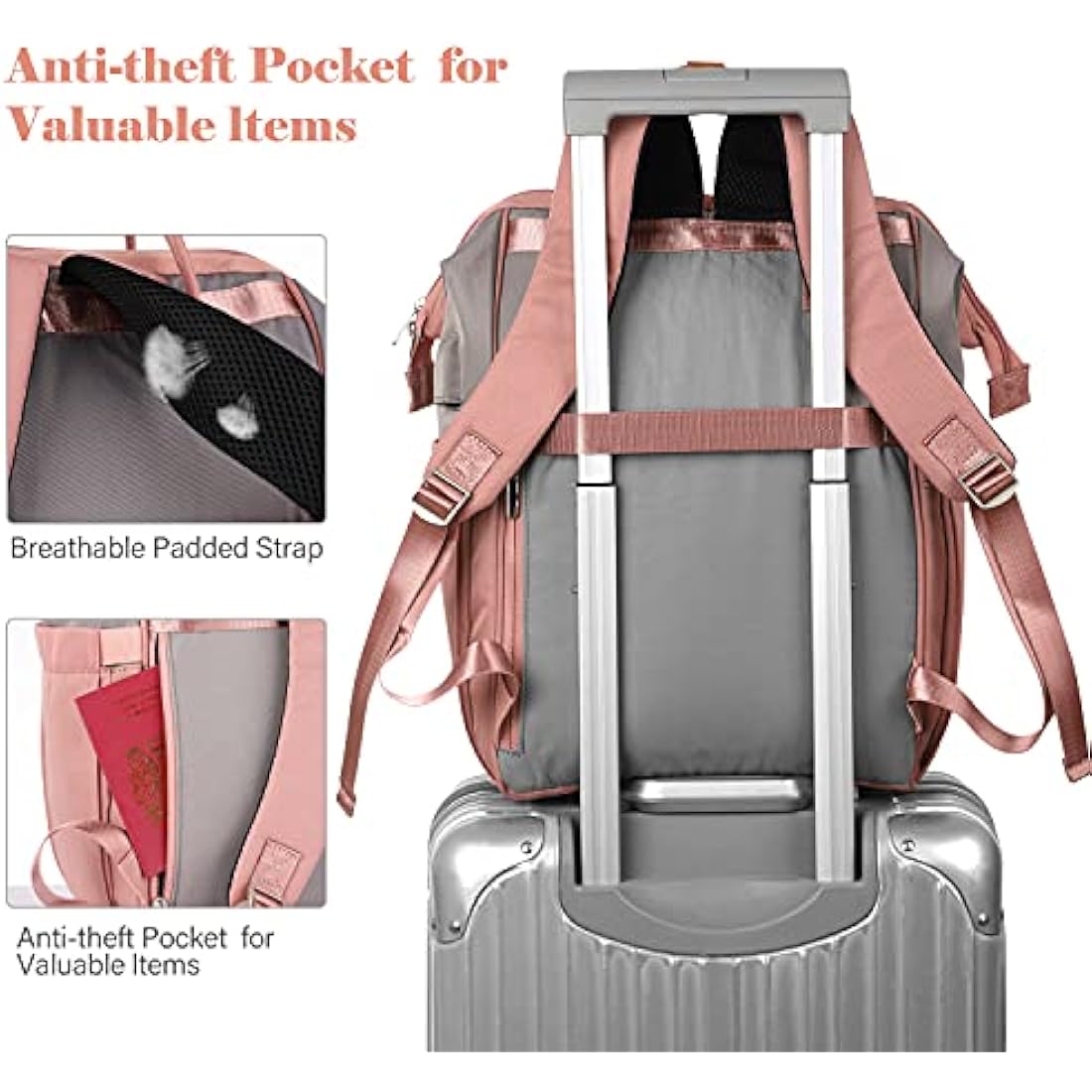 RJEU Women's 15.6 Inch Laptop Backpack | Waterproof Anti-Theft Bag - Pink