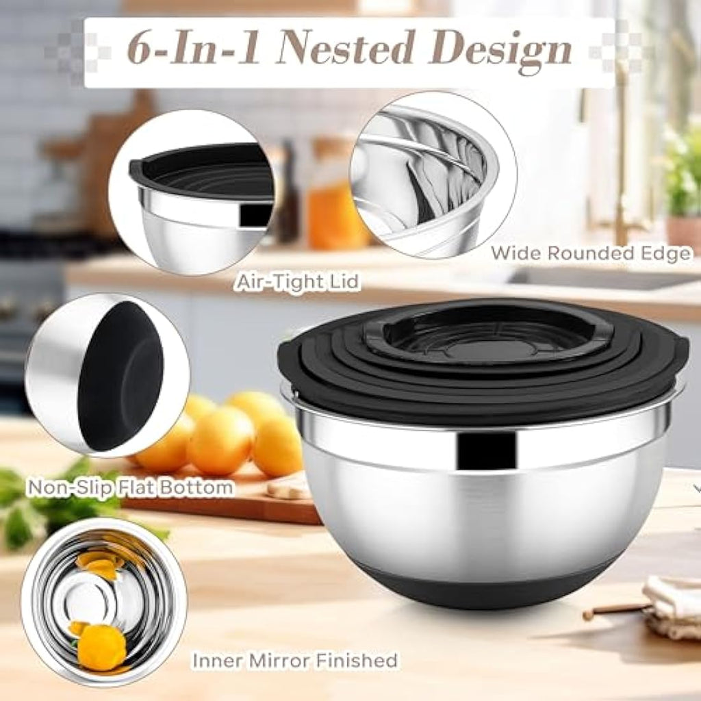 Onader Stainless Steel Mixing Bowls Set - 6-Piece with Lids and Graters
