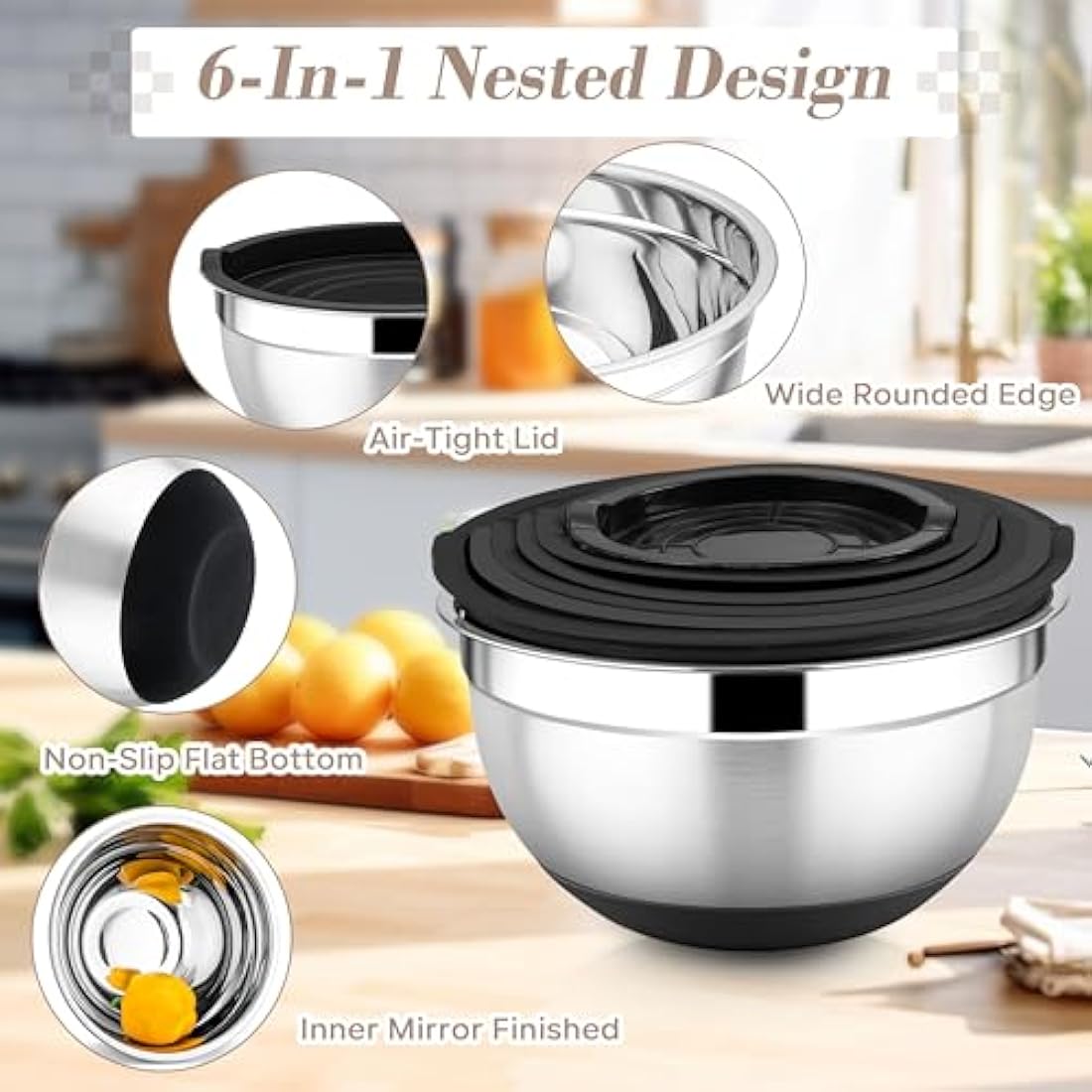 Onader Stainless Steel Mixing Bowls Set - 6-Piece with Lids and Graters