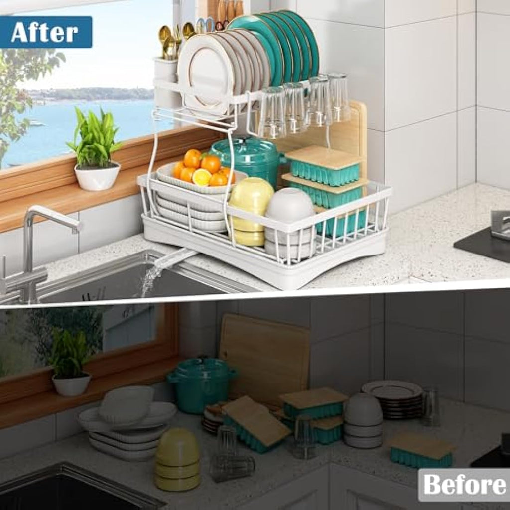 StowBin 2-Tier Dish Drying Rack with Drainboard and Utensil Holder