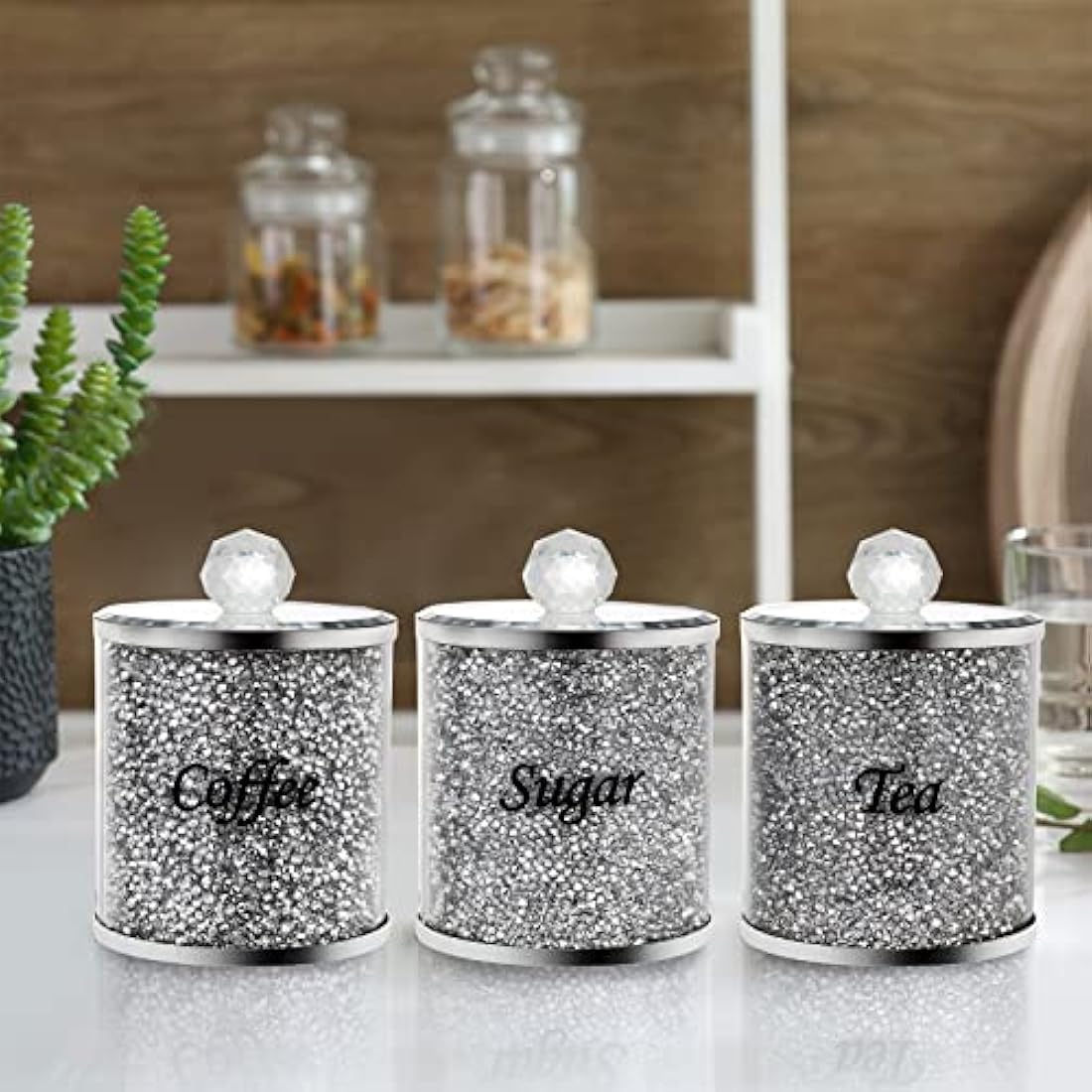 Jolof Store 3-Pack Crushed Diamond Glass Coffee Tea Sugar Canister Set