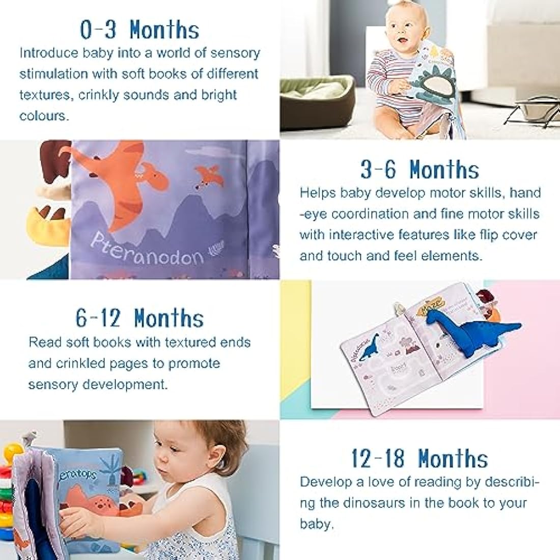 Richgv Soft Baby Sensory Book – Dinosaur Crinkle Toy for Stroller & Travel