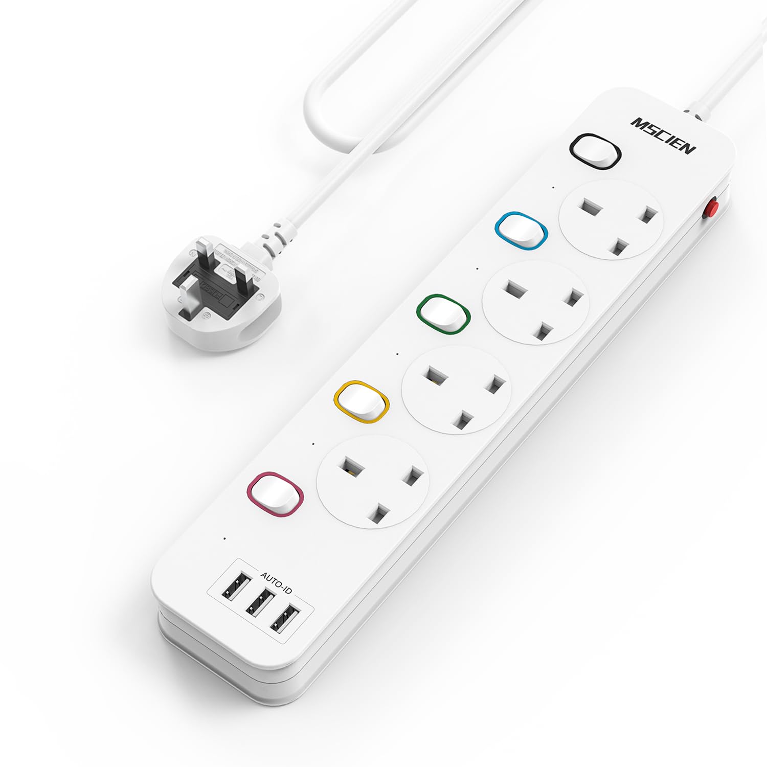 Mscien 4 Way Extension Lead with 3 USB Slots & Individual Switches