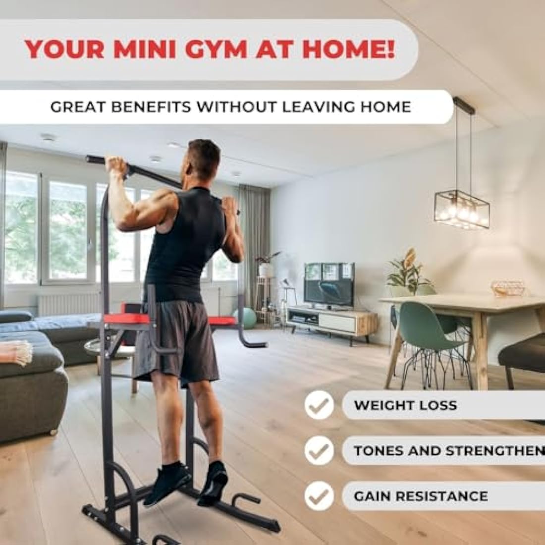 Mobiclinic Power Tower Dip Station | Adjustable Home Gym Pull-Up Bar