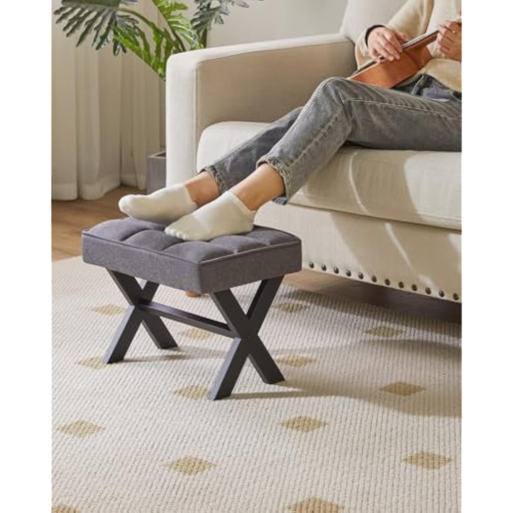 IBUYKE Small Square Linen Footrest Stool | Metal X-Leg Vanity Chair, Dark Gray