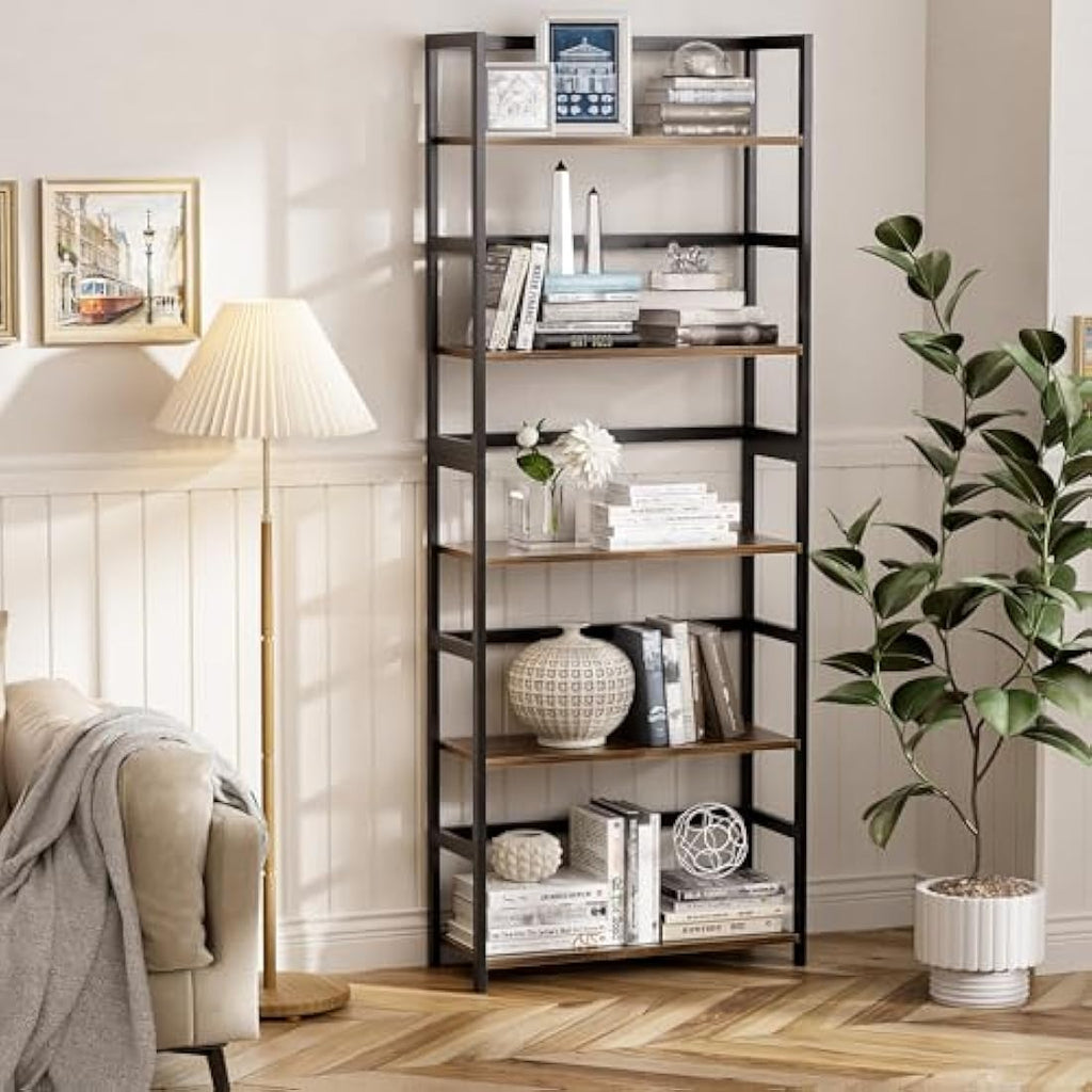 Vovala 5-Tier Industrial Bookshelf – Bamboo & Wood Standing Display Shelf