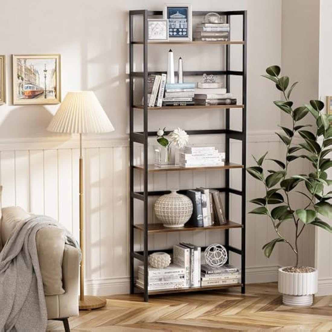 Vovala 5-Tier Industrial Bookshelf – Bamboo & Wood Standing Display Shelf