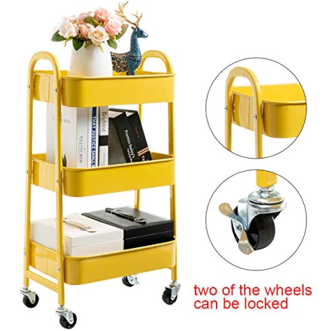 DOEWORKS 3-Tier Metal Rolling Utility Cart – Slim Storage Trolley, Yellow
