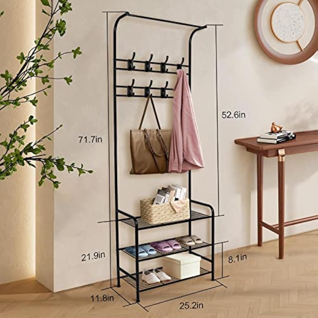 Innotic 3-Tier Shoe and Coat Rack Stand | 16 Hooks Matte Steel Organizer