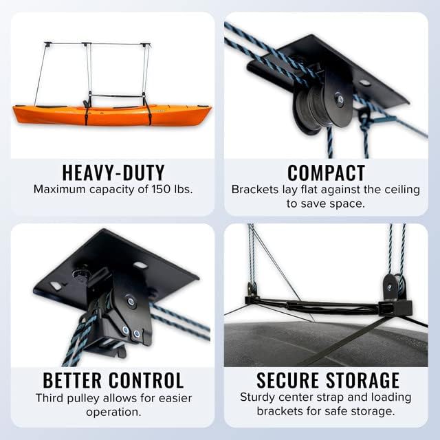 Kayak Ceiling Hoist – Heavy Duty 150lb Garage Pulley Lift